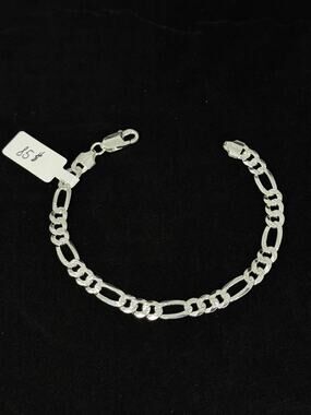 Sterling Silver Figaro Chain Link Bracelet Textured Diamond Cut 925 Italy 8 ich